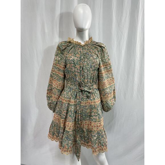 Ulla Johnson 'Ardith' Green Belted Broderie Anglaise-Trimmed Floral Poplin Mini - Picture 2 of 5